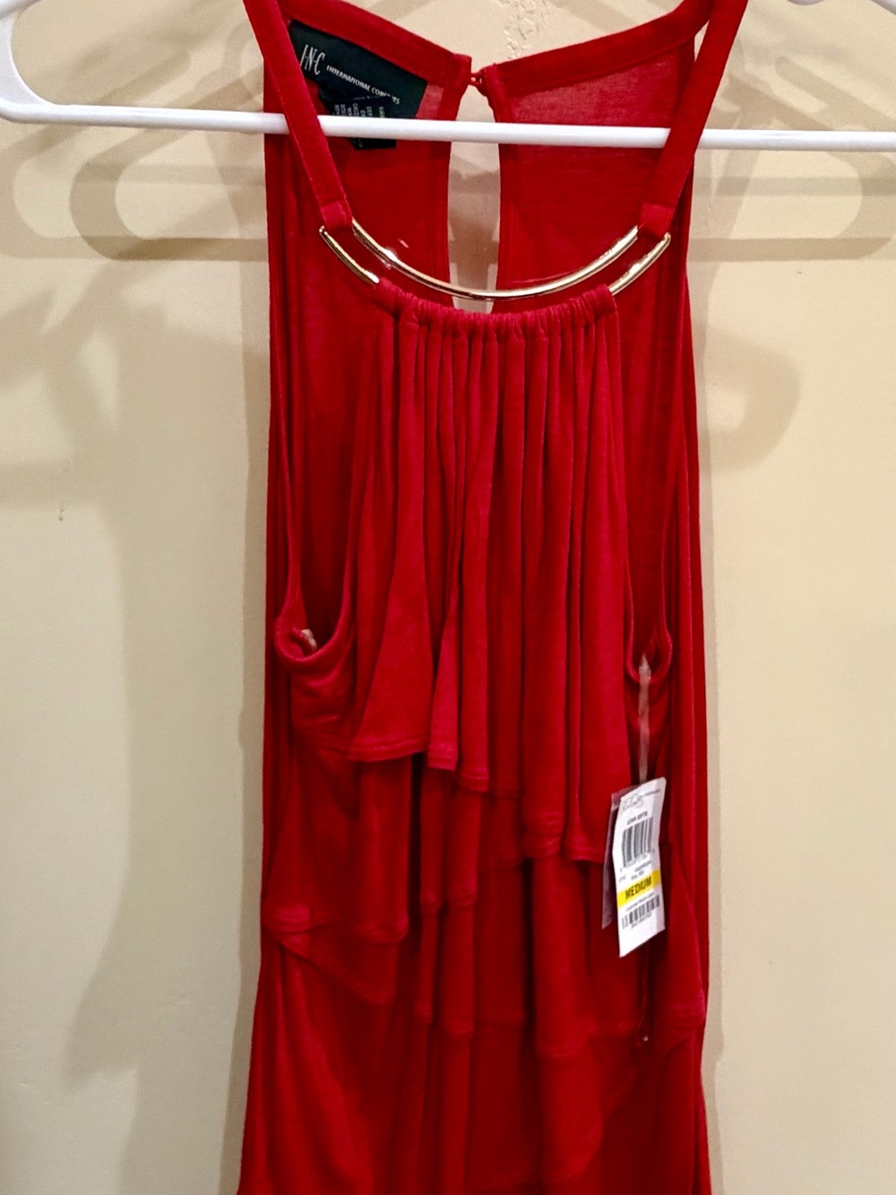 INC International Concepts Red Sleeveless Ruffle Halter Top with Gold Accent